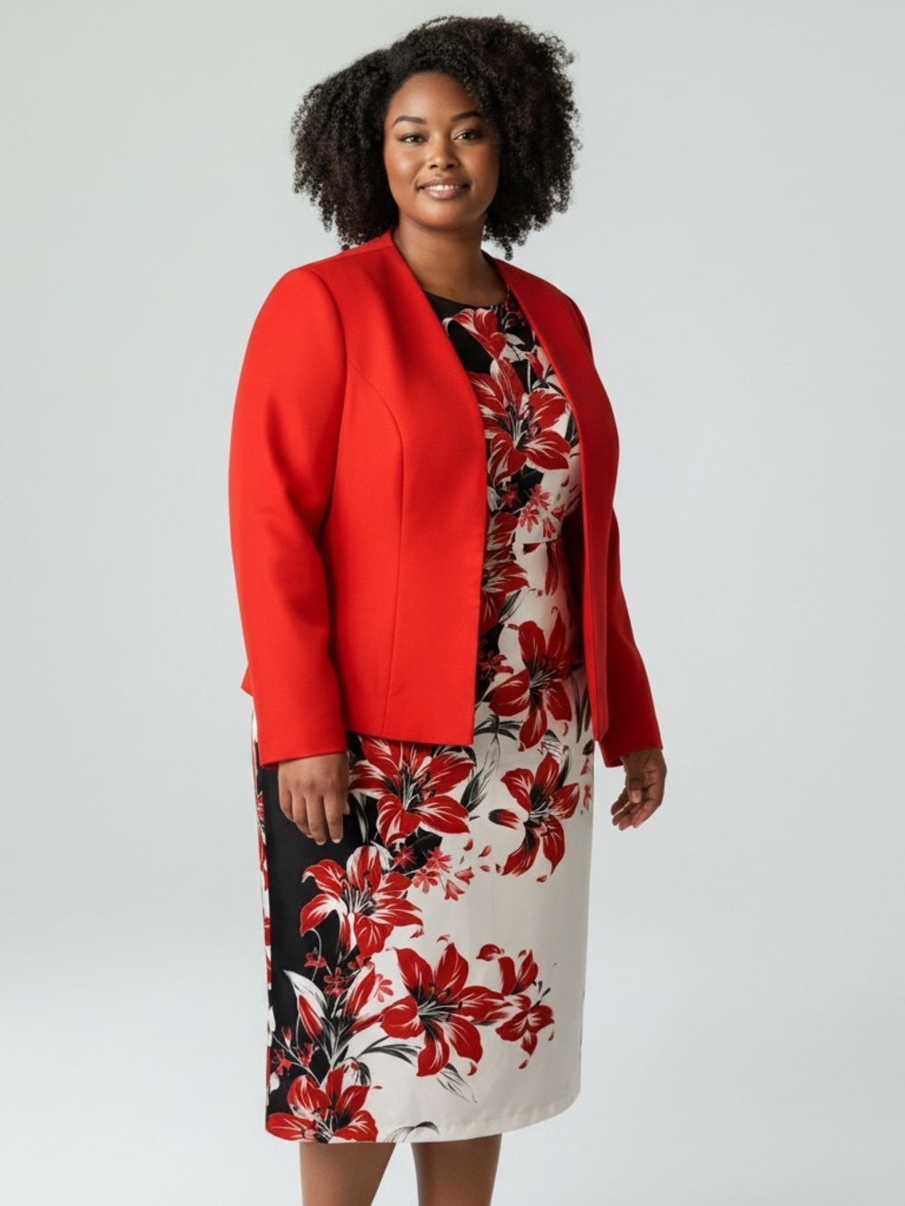EY Signature Especially Yours 2-pc Floral Dress & Open Front Red Blazer Sz 16W